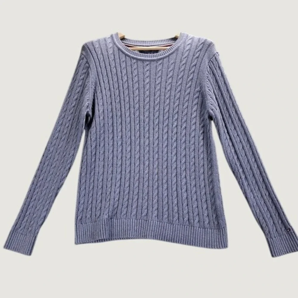 Tommy Hilfiger Womens Light Blue 100%Cotton Cable Knit Crew Neck Sweater